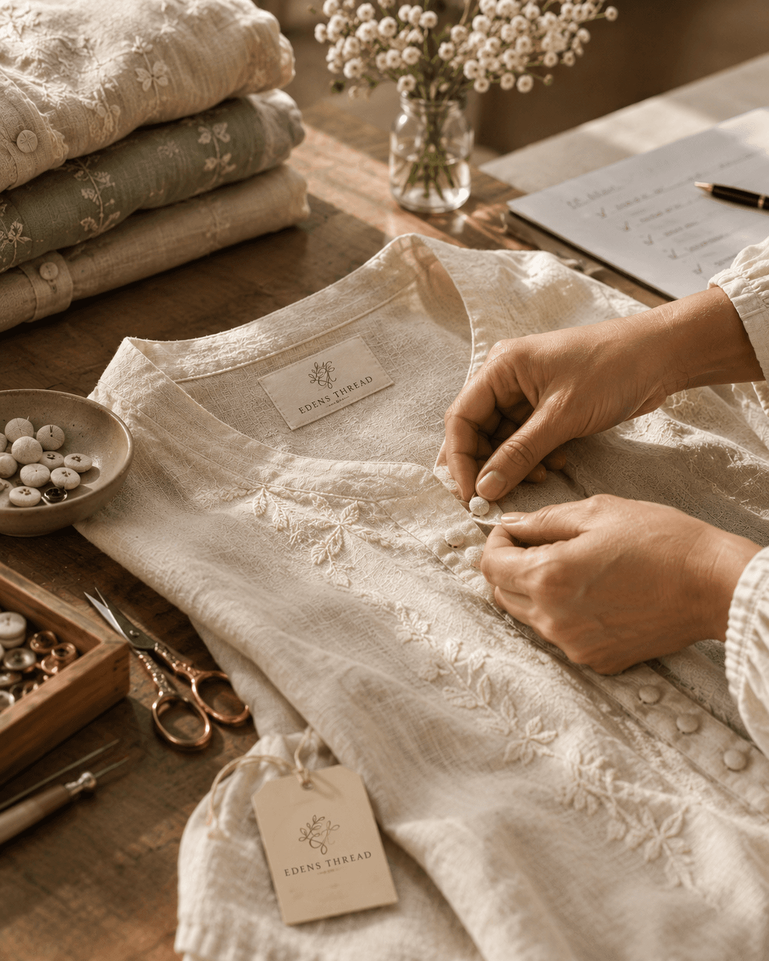 Final finishing touches being checked on an Eden's Thread garment.