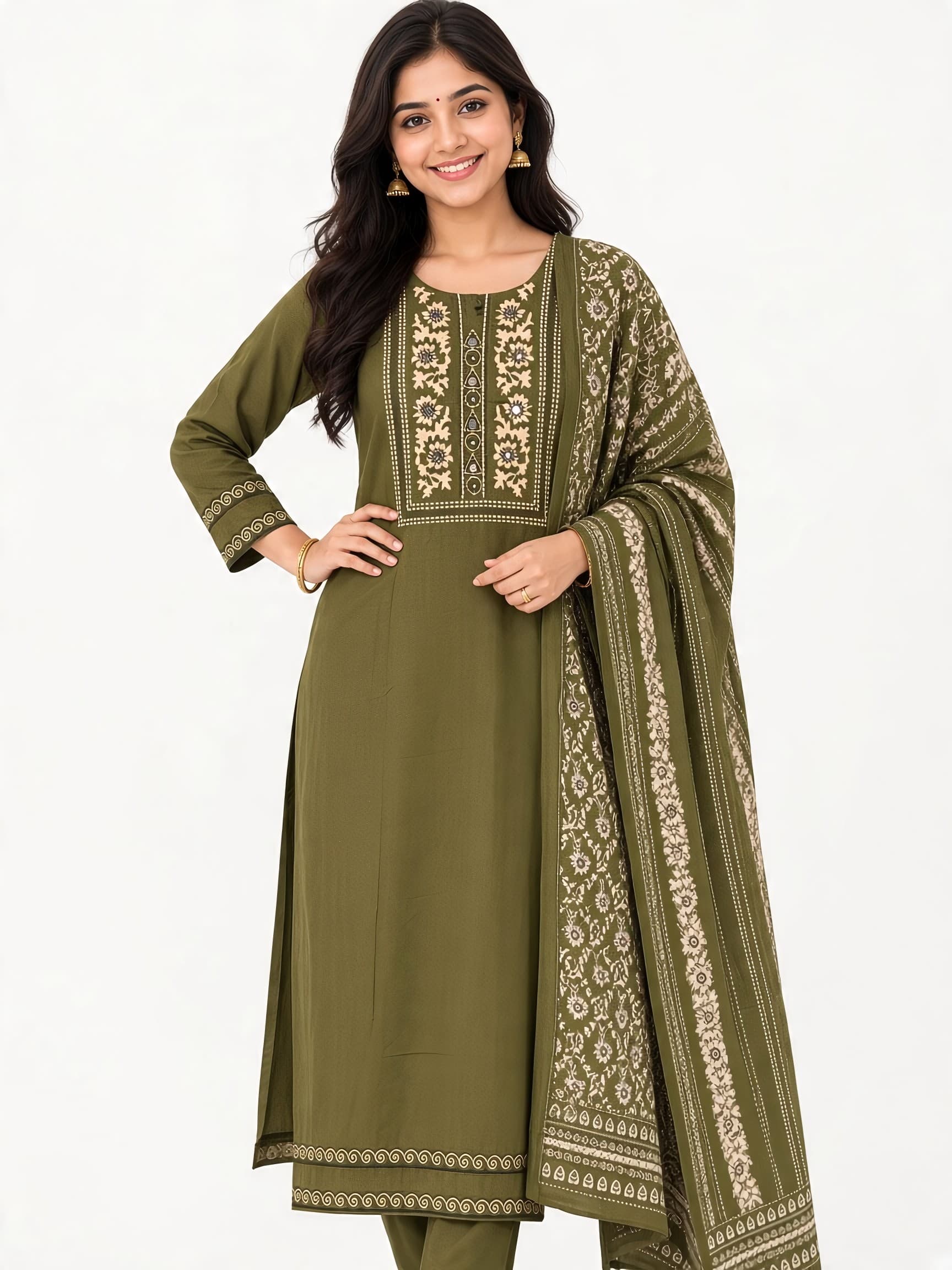 ET Select Olive Green Embroidered Flared Kurta Set