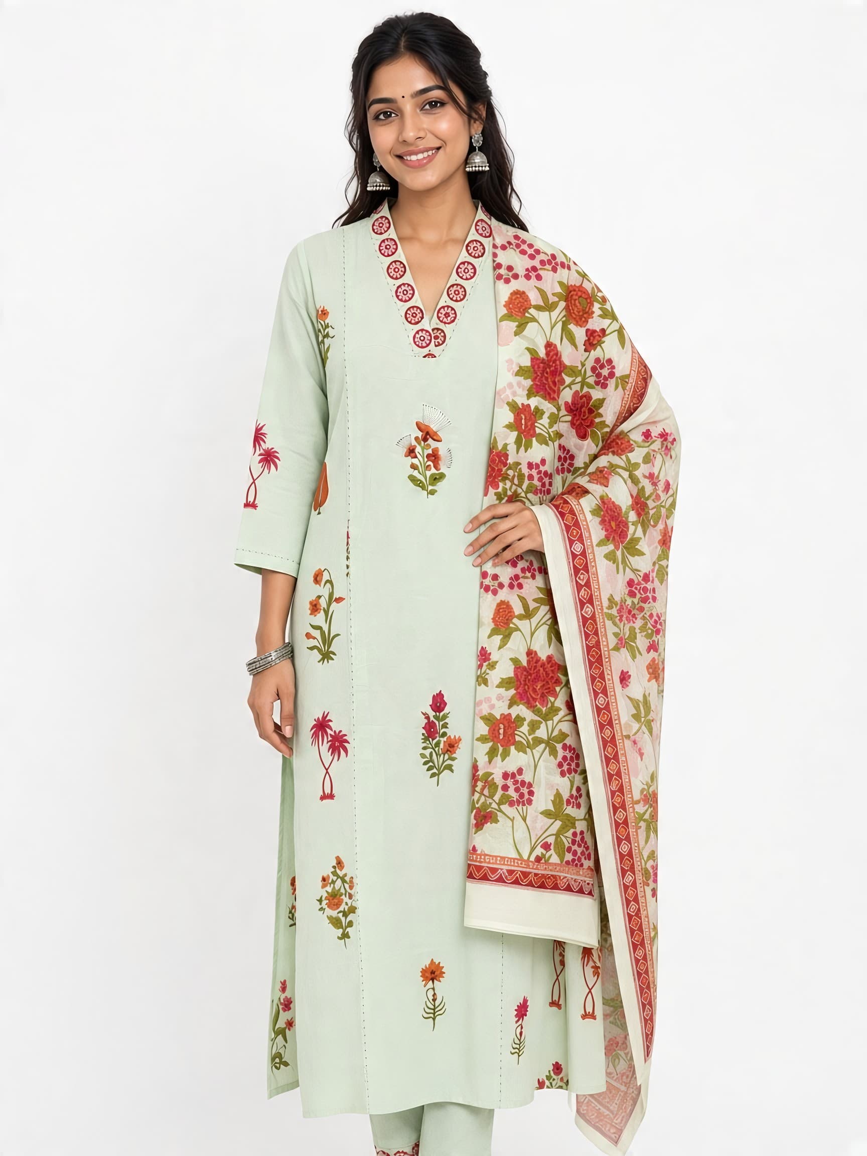 ET Select V Neck Embroidered Pastel Mint Green Printed Straight Kurta Set
