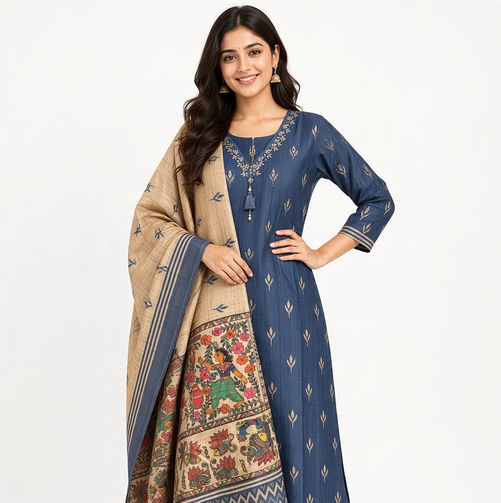 ET Select V Neck Printed A Line Kurta Set With Contrast Beautiful Printed Dupatta
