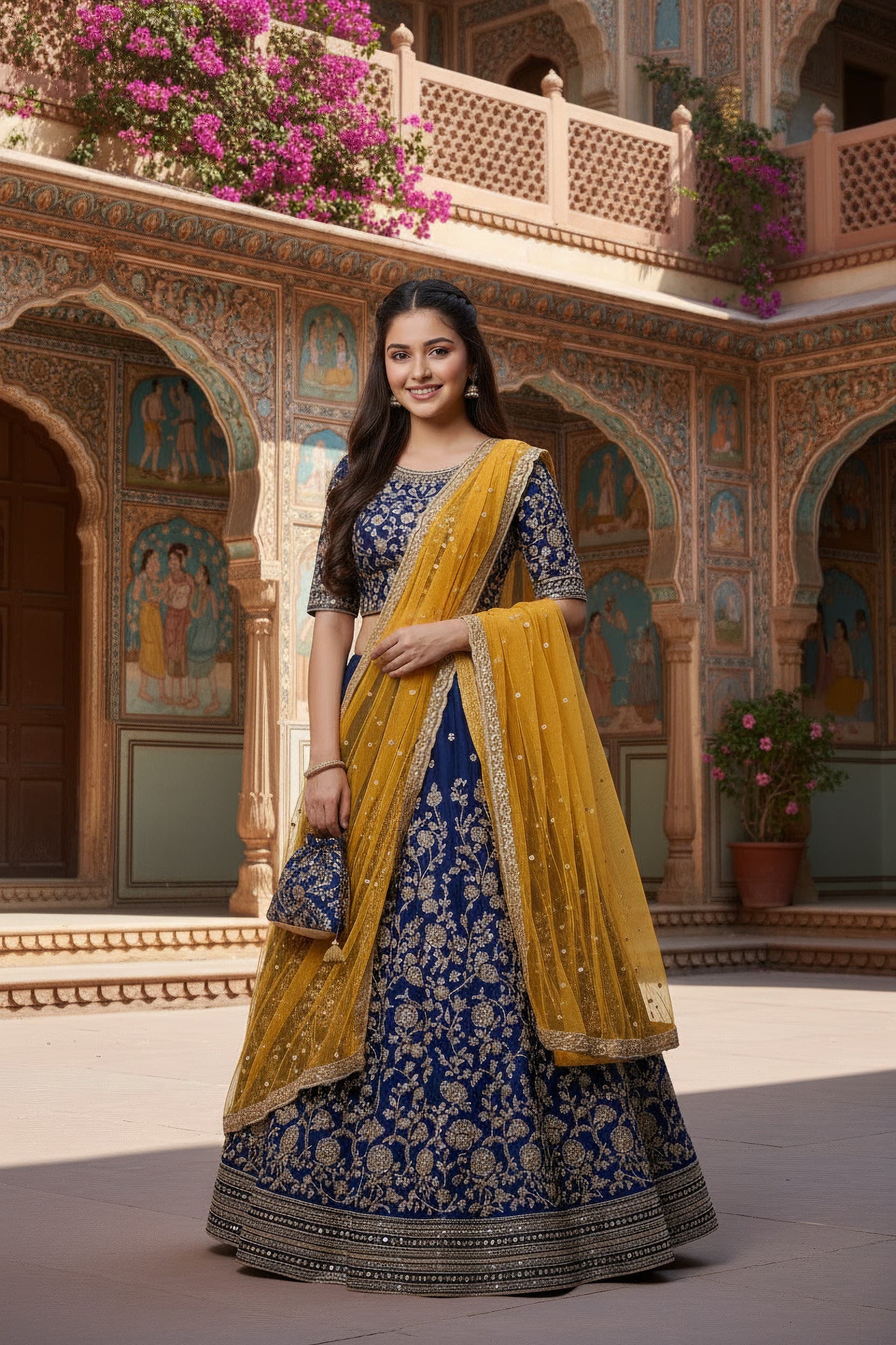 Royal Blue Embroidered Silk Blend Semi-Stitched Lehenga Choli with Net Dupatta & Matching Potli Bag