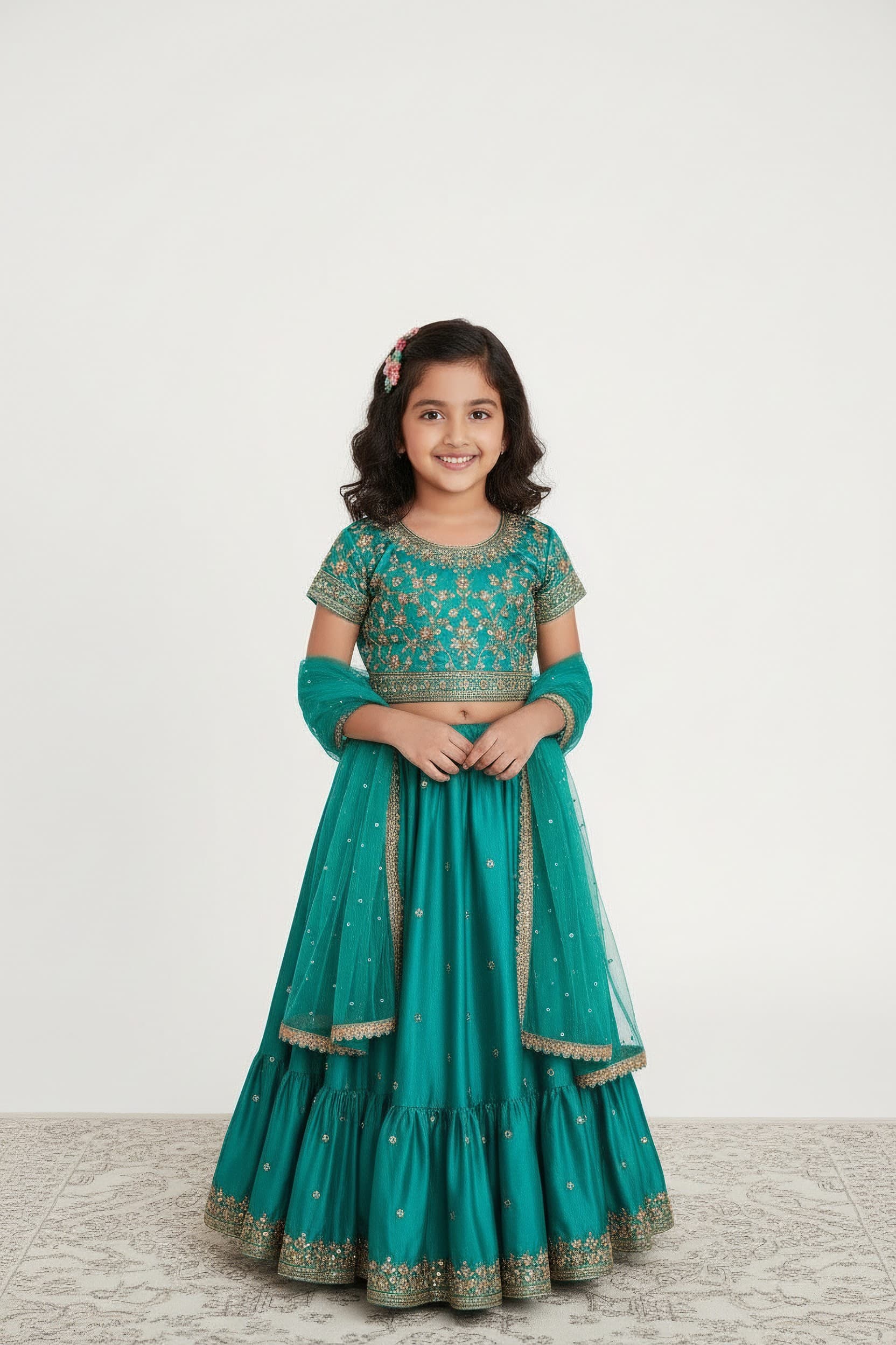 Girls Teal Green Embroidered Lehenga Choli Set with Dupatta