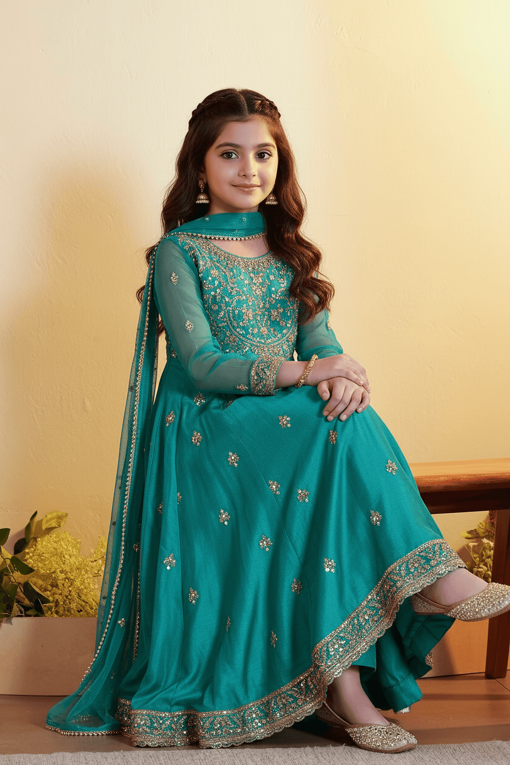 Girls Teal Blue Heavy Embroidered Anarkali Kurta Set with Dupatta